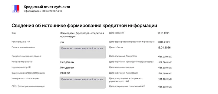 В конце обязательства в отчете НБКИ показаны подробные сведения об источнике формирования кредитной информации.